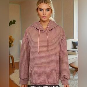 Hoodie Pullover Cozy Plus-Size Women's Pink-Waffle Knit, Drawstring & Pocket